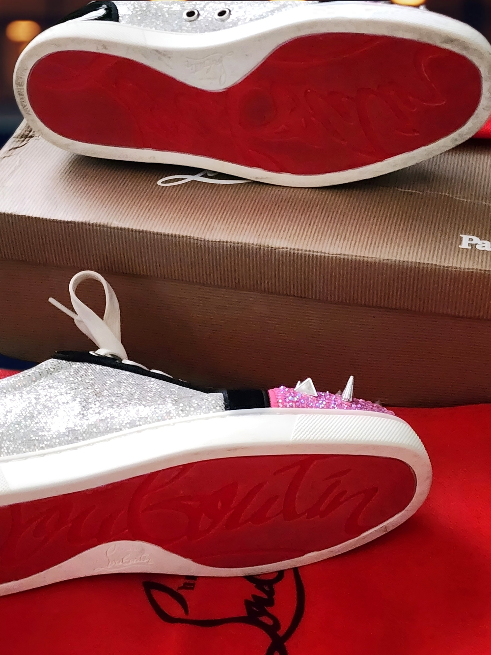 Christian Louboutin Women’s Pink Glitter Spike Sneakers - Picture 8 of 8